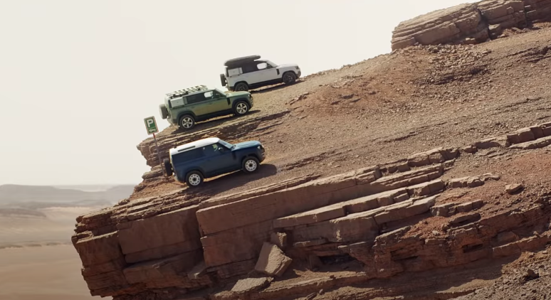 Land Rover Defenders cliff edge advert screenshot